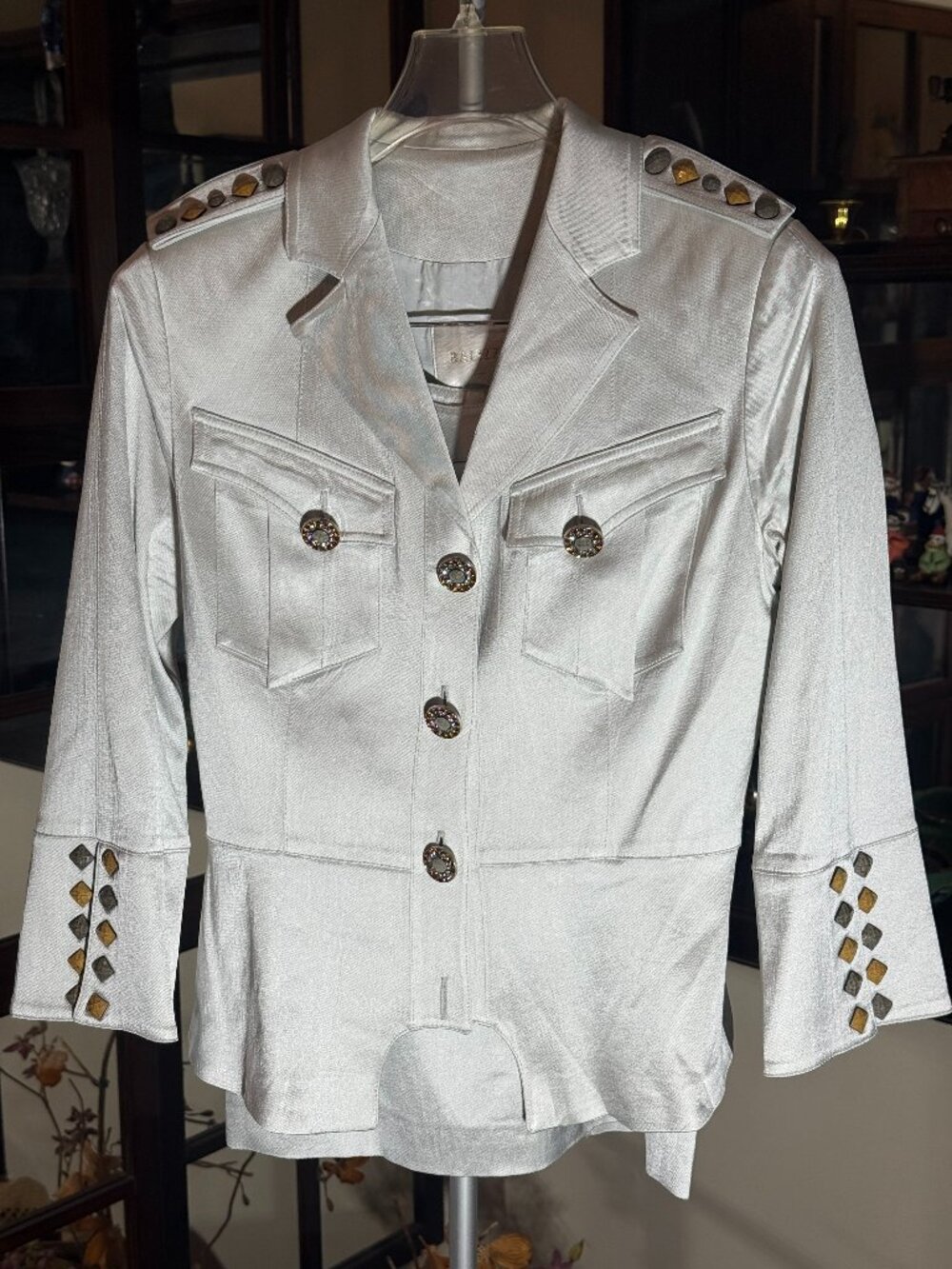 Authentic BALIZZA Jacket/Skirt Suit Light Silver Gray Crystal Buttons Sz 38 US S